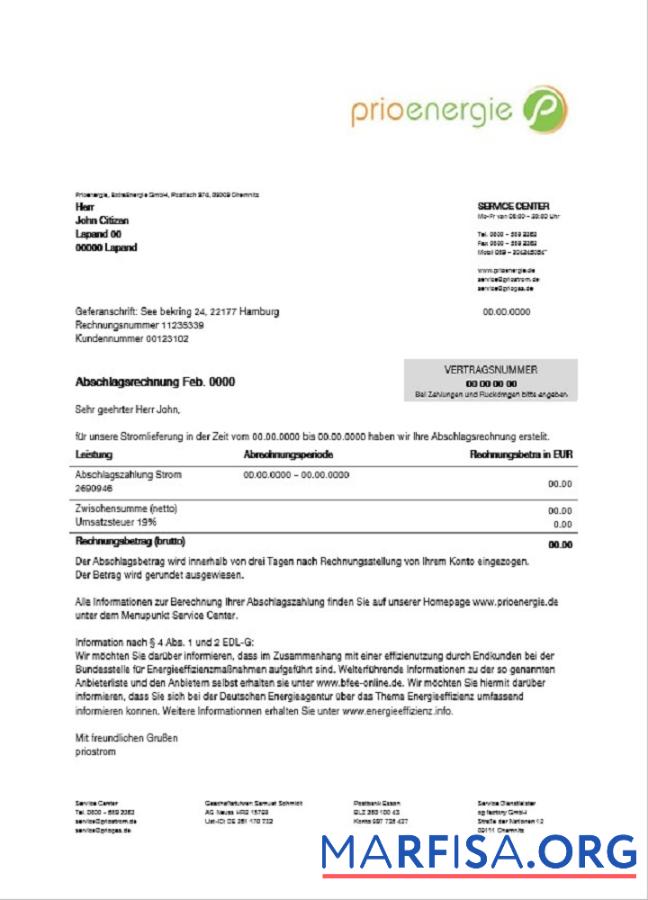 Downloadable Germany Prioenergie proof of address utility bill example